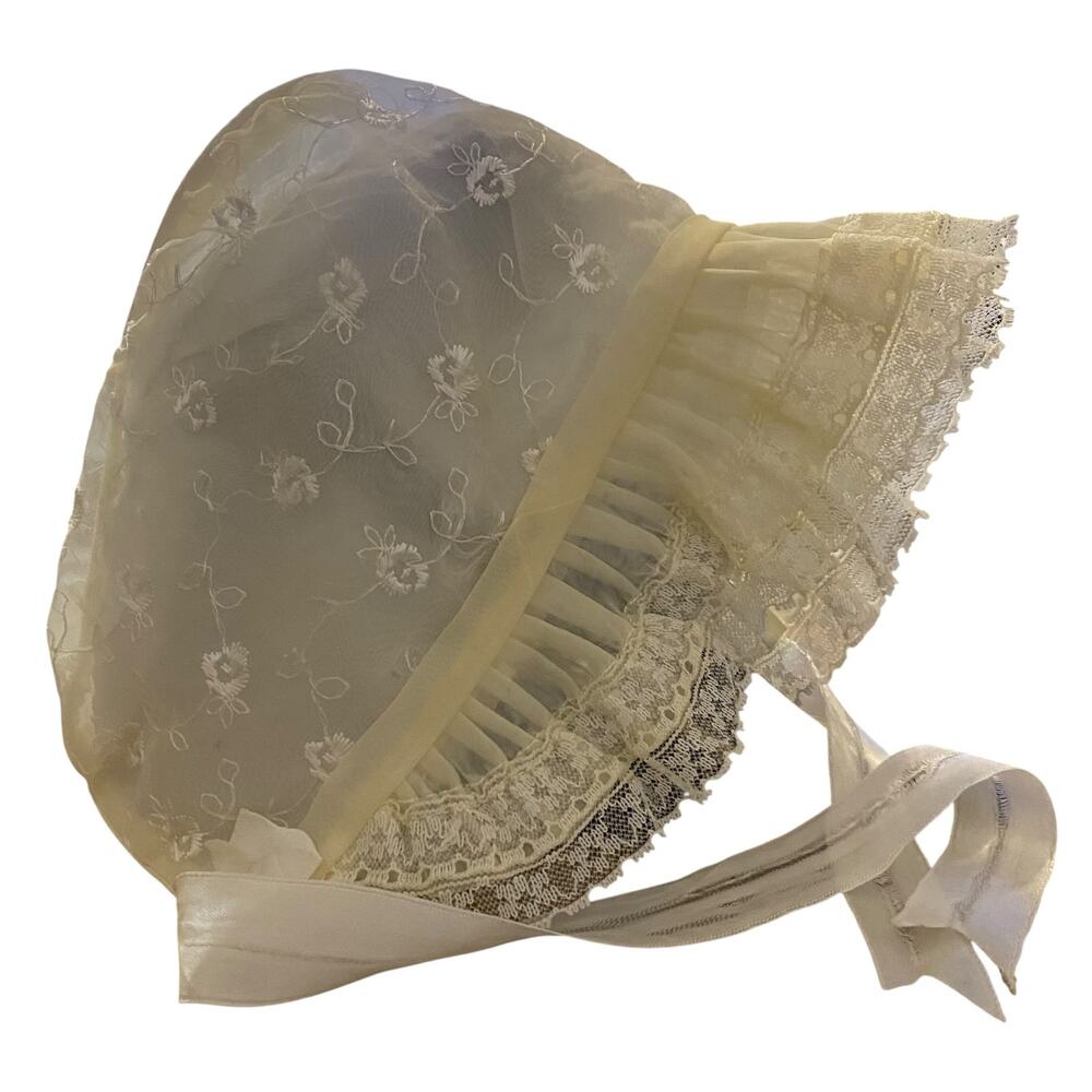 Vintage Handmade Ecru Embroidered Tulle Baby Bonnet Lace Ruffle Christening Cap